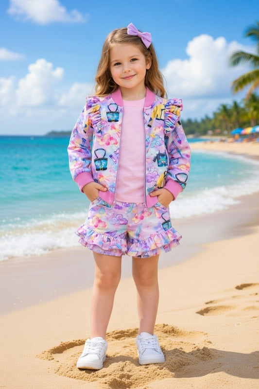 Personalised Girls Musical 3 Piece Outfit Set – Custom Name | Jacket, Top & Ruffle Shorts | Cute Girls Summer Outfit | Concert & Vacation Clothing